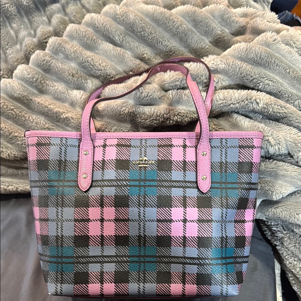 Coach Blue and Purple Tote Bag with Plaid Pattern